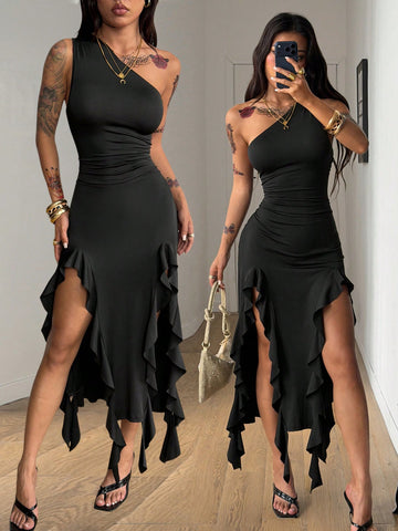 Women's black asymmetrical neck bodycon long dress featuring ruffle accents and a high split thigh in high-stretch knit fabric.