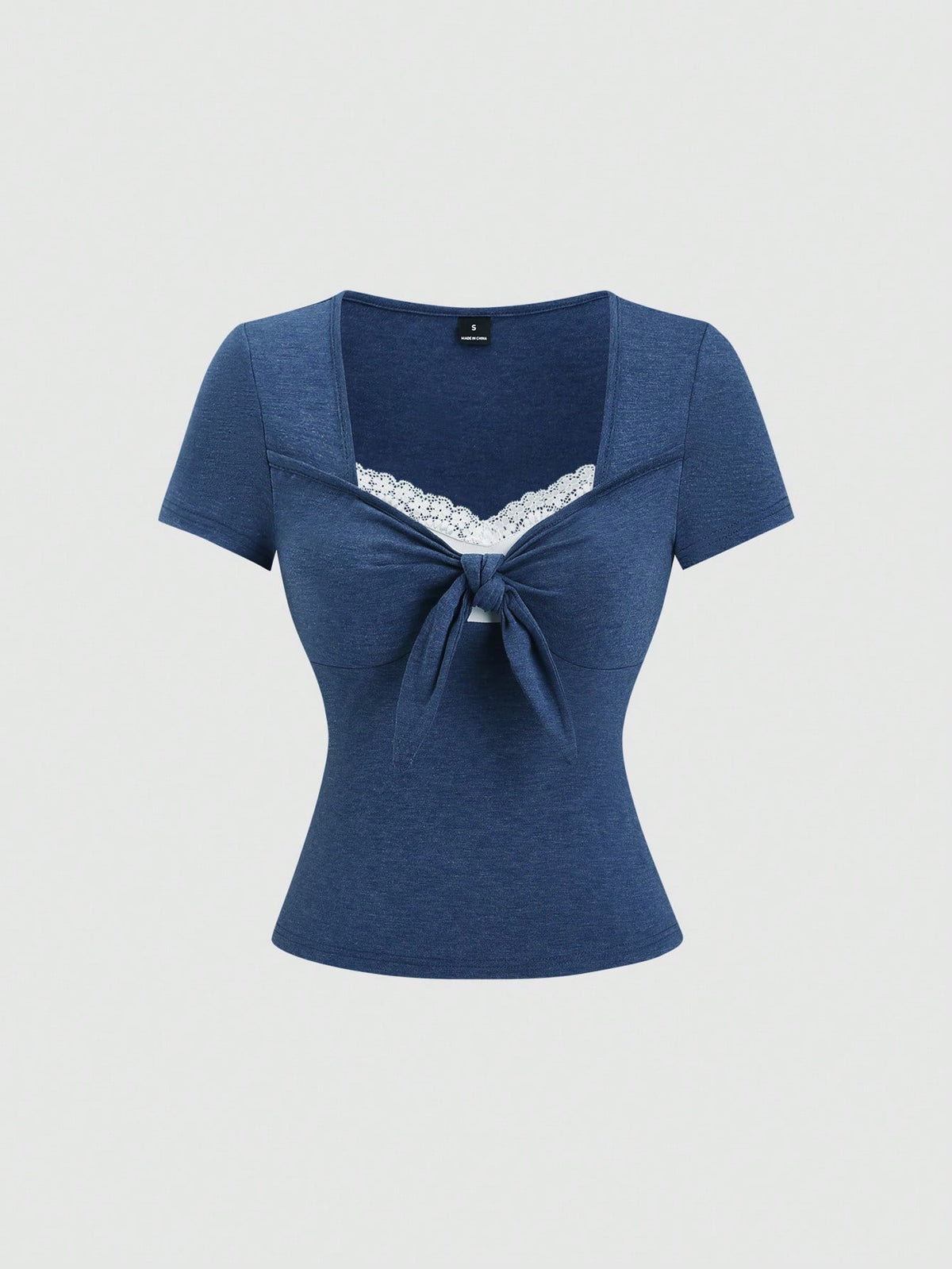 Women's casual short sleeve rib-knit t-shirt with a square neckline, contrast lace detailing, and ruched front.