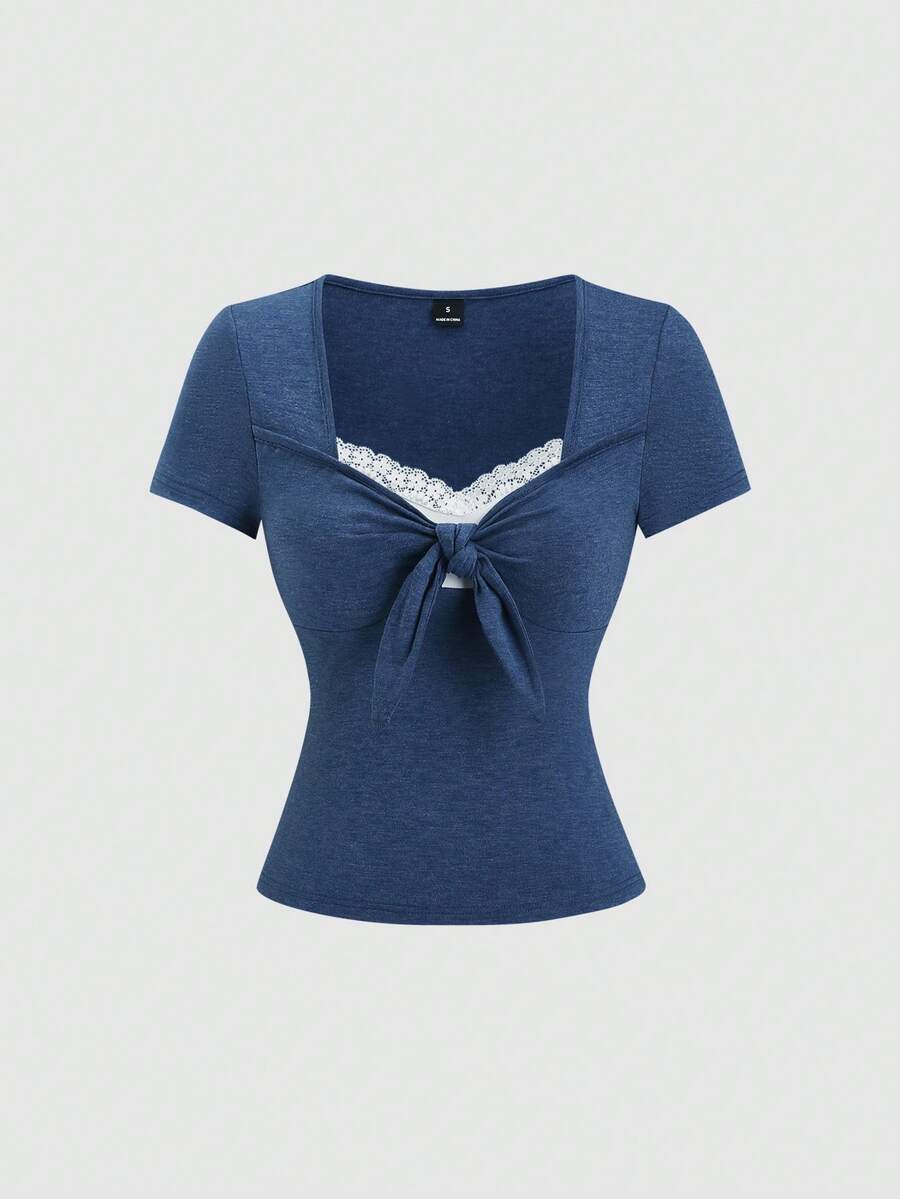 Women's casual short sleeve rib-knit t-shirt with a square neckline, contrast lace detailing, and ruched front.