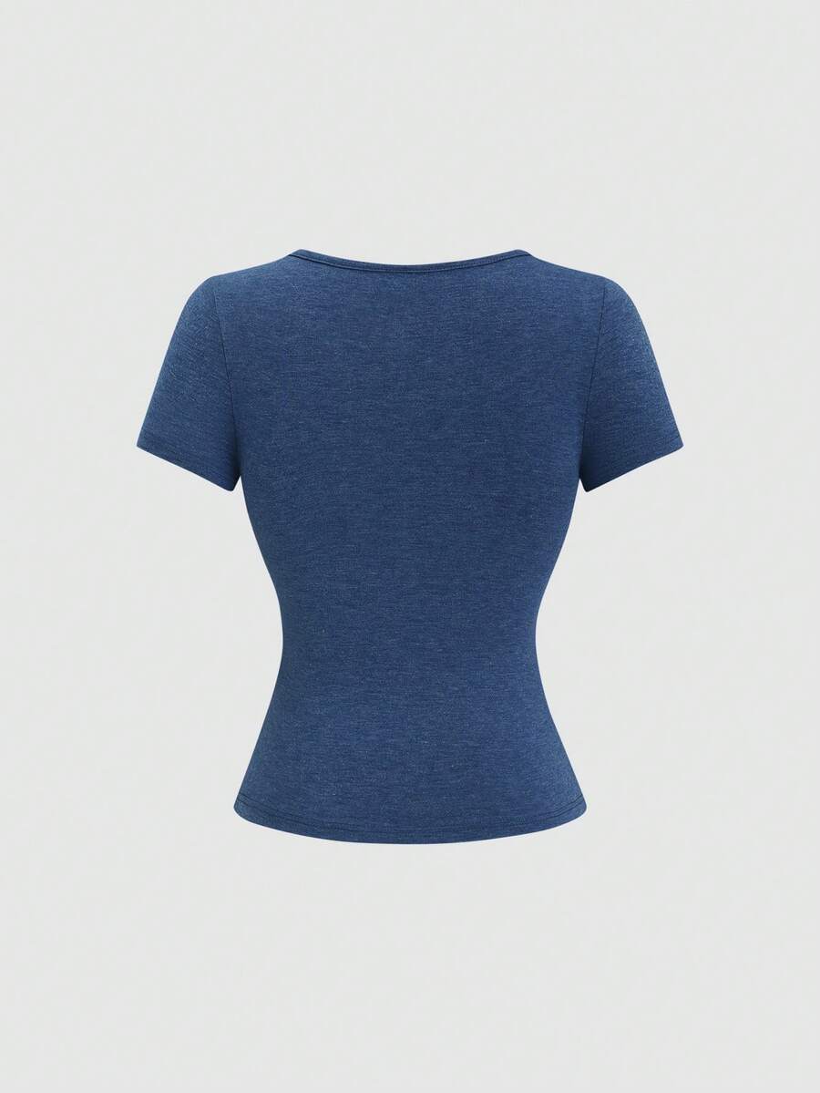 Women's casual short sleeve rib-knit t-shirt with a square neckline, contrast lace detailing, and ruched front.