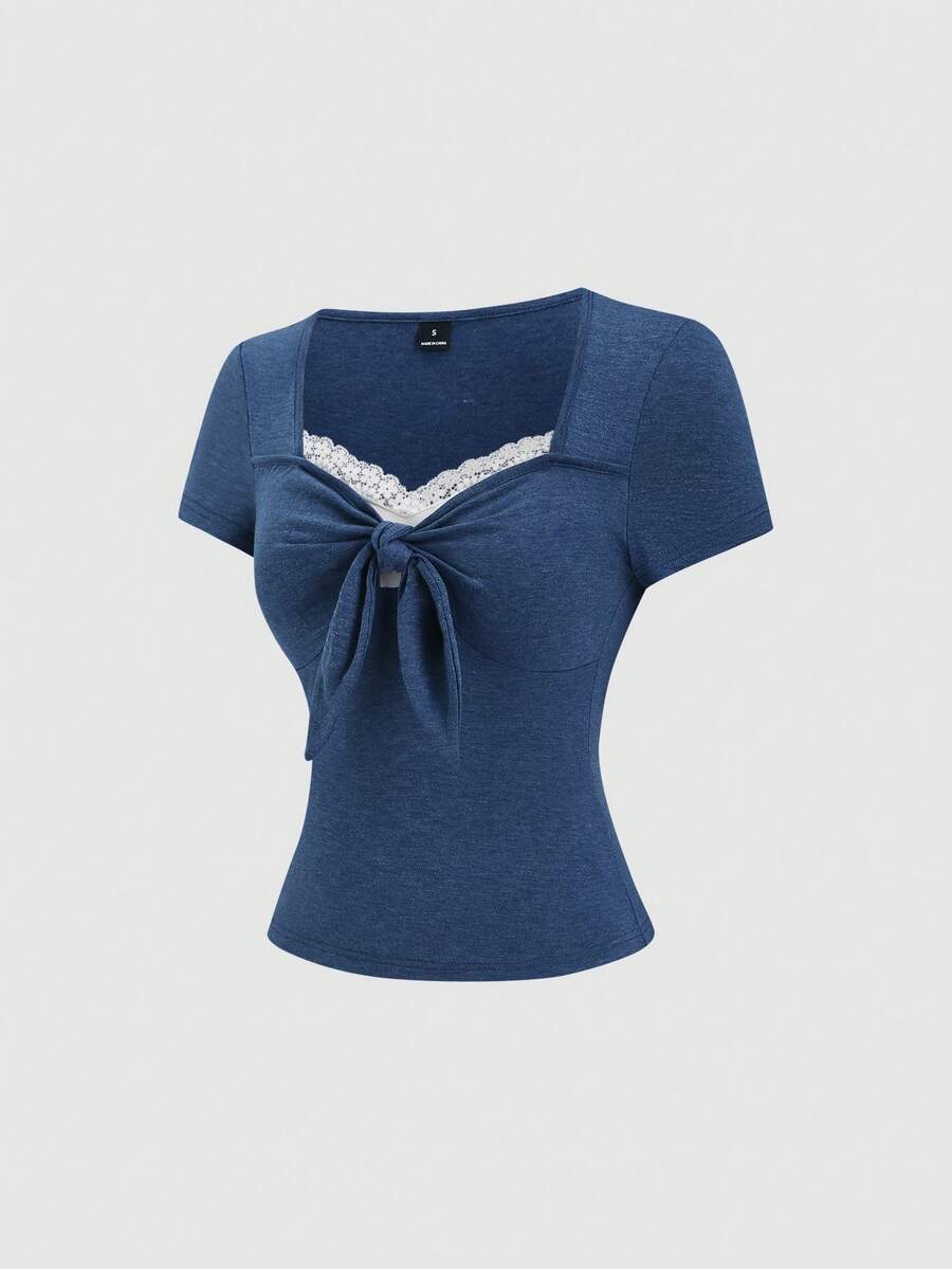 Women's casual short sleeve rib-knit t-shirt with a square neckline, contrast lace detailing, and ruched front.