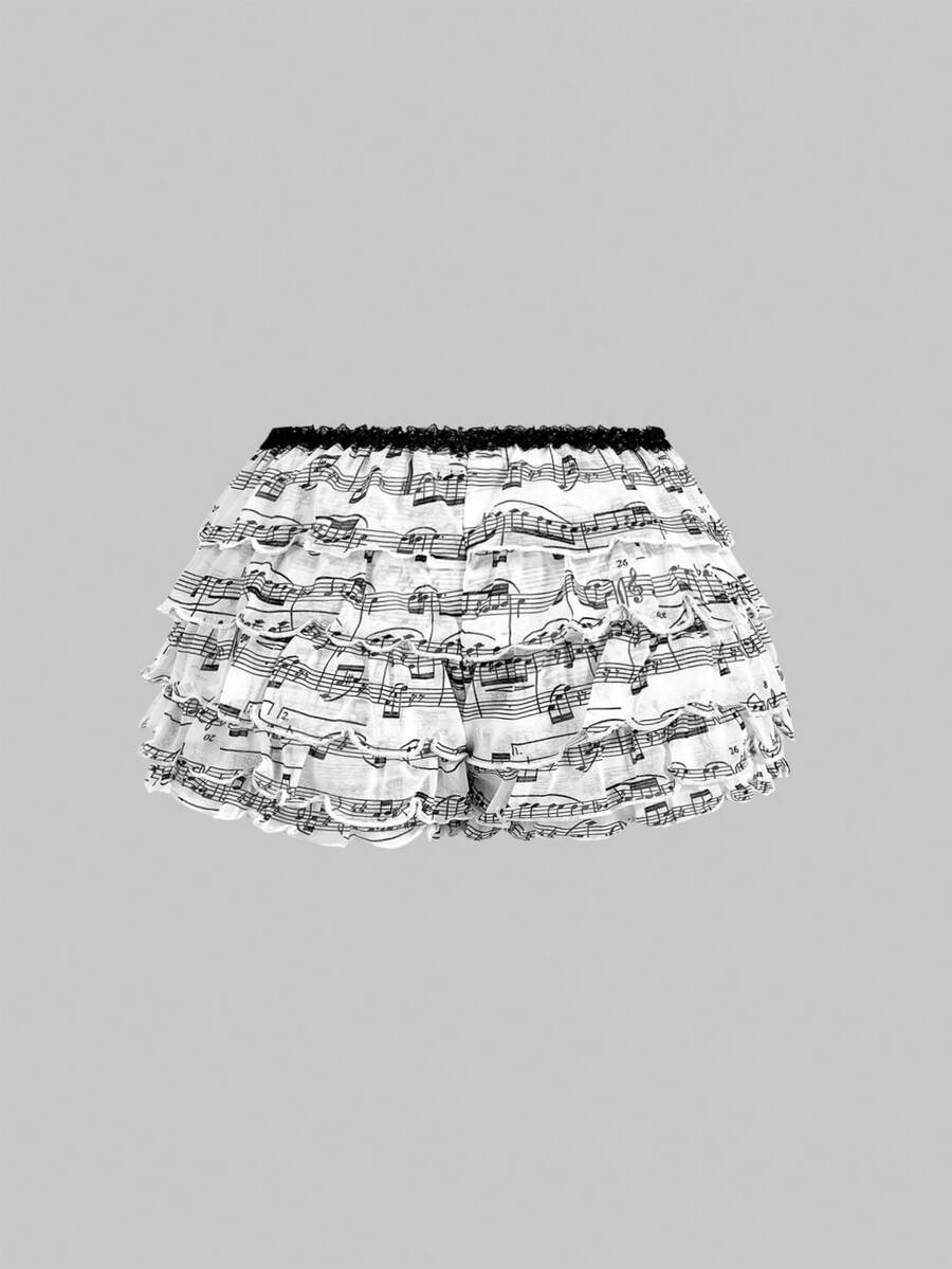Y2K leopard print two-piece outfit with strapless bandeau top and ruffle mini shorts, featuring contrast lace and a slim fit