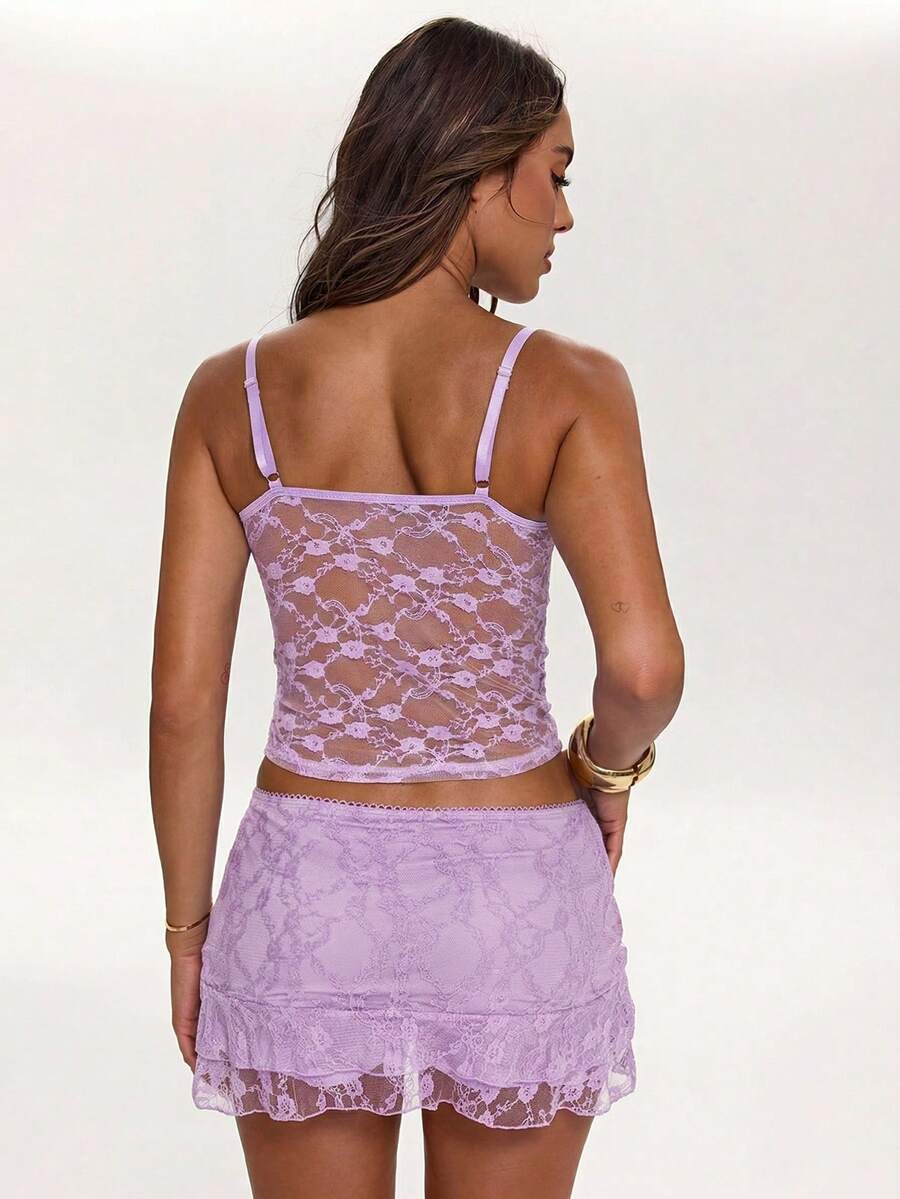 Women's lace strap ruched crop camisole top with spaghetti straps, slim fit, lined body, and semi-sheer plain design