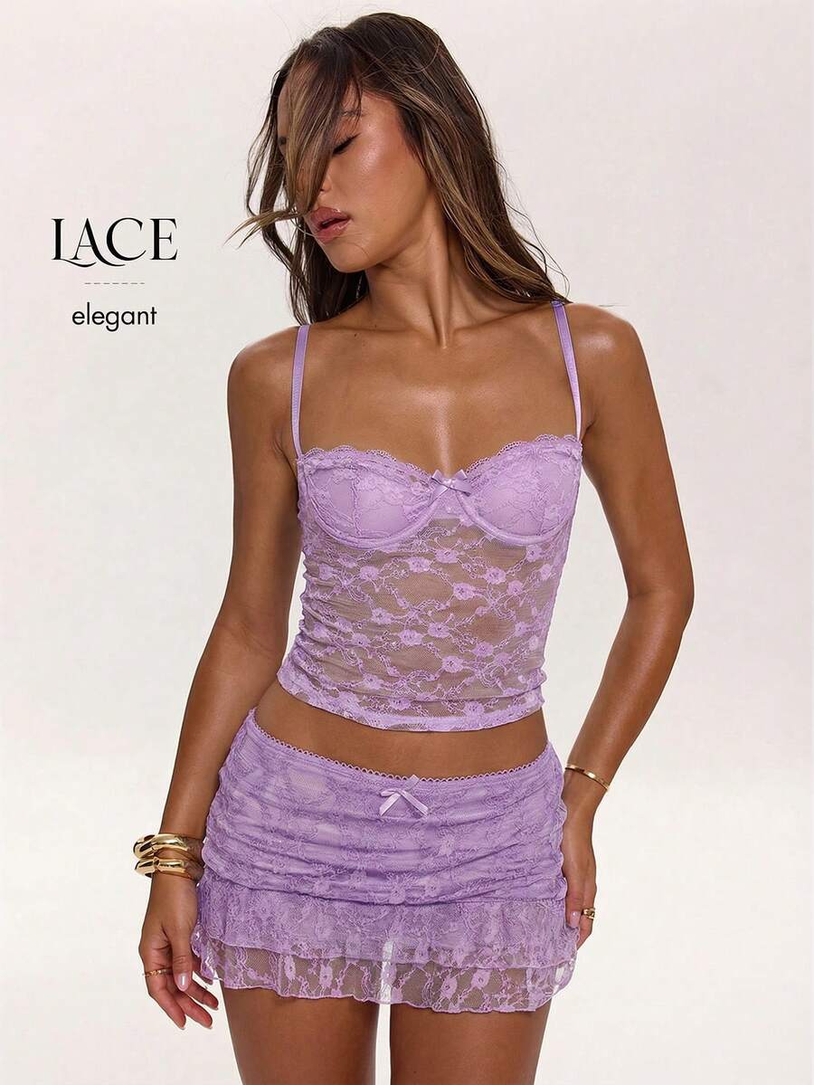 Women's lace strap ruched crop camisole top with spaghetti straps, slim fit, lined body, and semi-sheer plain design