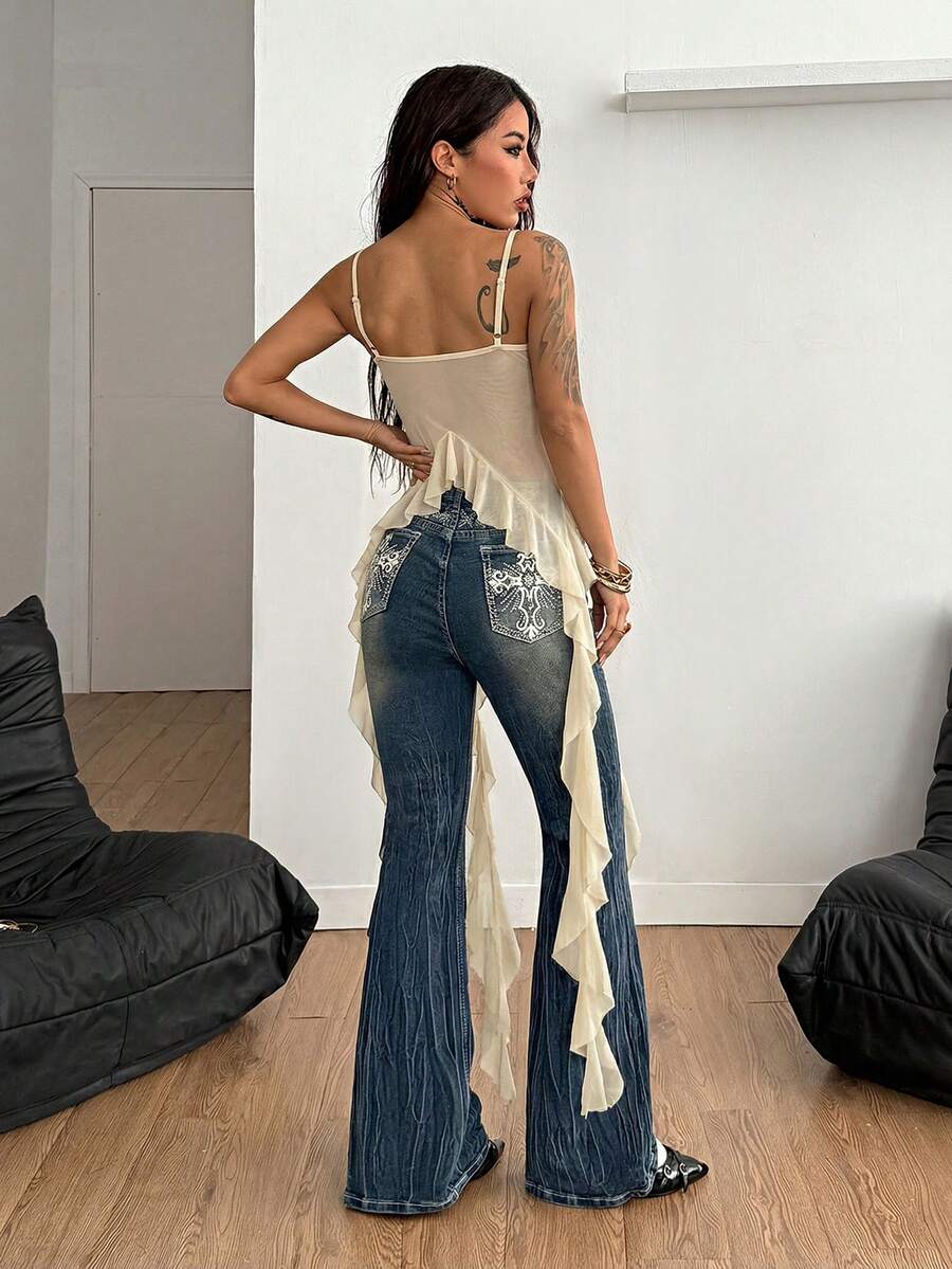 Burgundy sleeveless asymmetrical mesh long top for women featuring spaghetti straps and lace-up details with a slim fit.