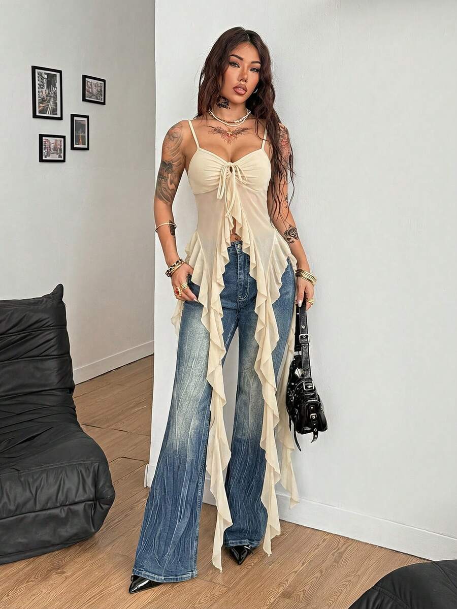 Burgundy sleeveless asymmetrical mesh long top for women featuring spaghetti straps and lace-up details with a slim fit.