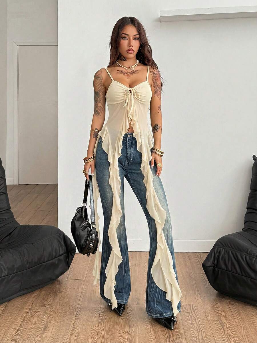 Burgundy sleeveless asymmetrical mesh long top for women featuring spaghetti straps and lace-up details with a slim fit.