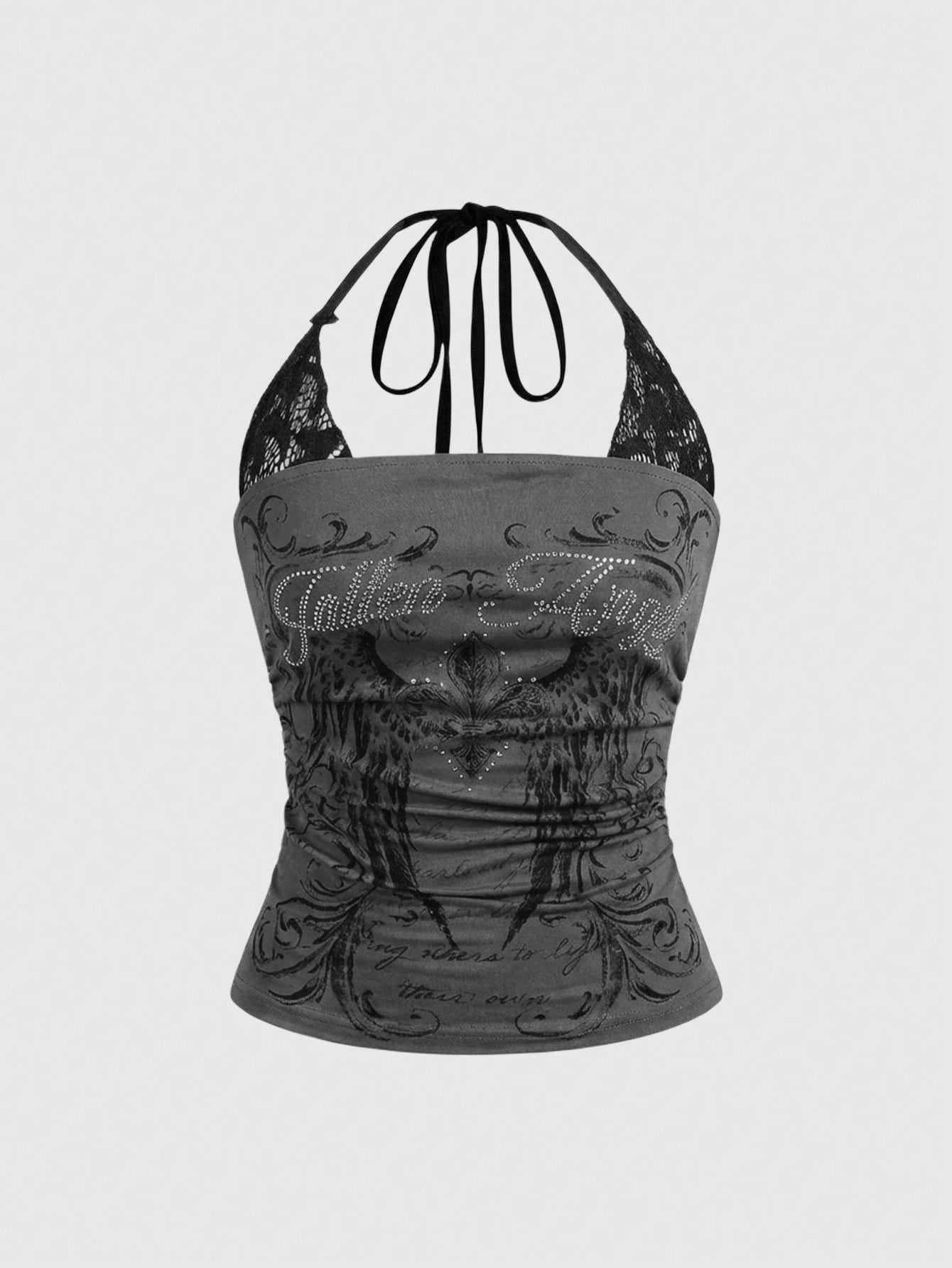 Women's cropped Y2K punk print halter cami top with contrast lace, backless knot detail, and slim fit knitted fabric