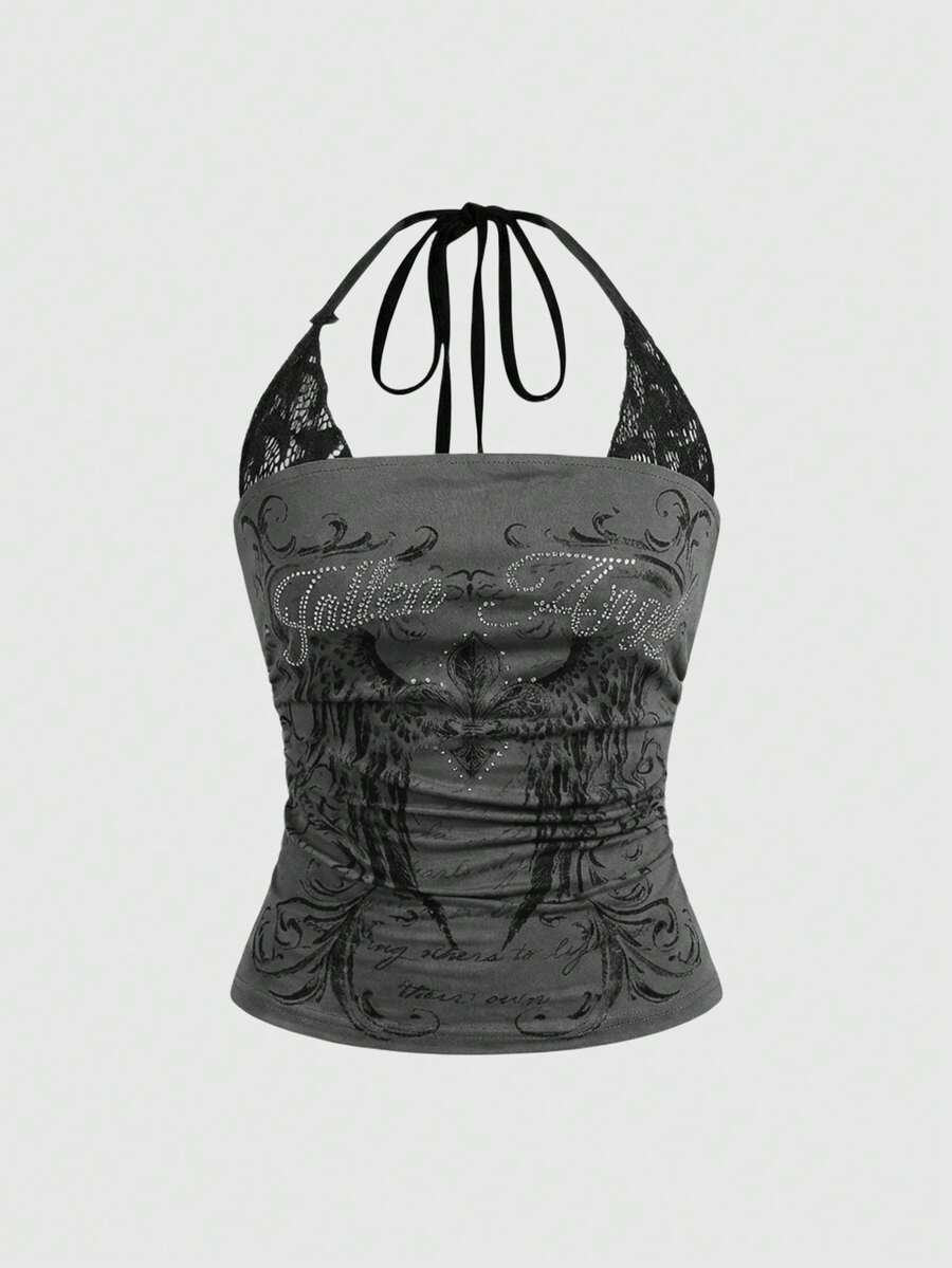 Women's cropped Y2K punk print halter cami top with contrast lace, backless knot detail, and slim fit knitted fabric