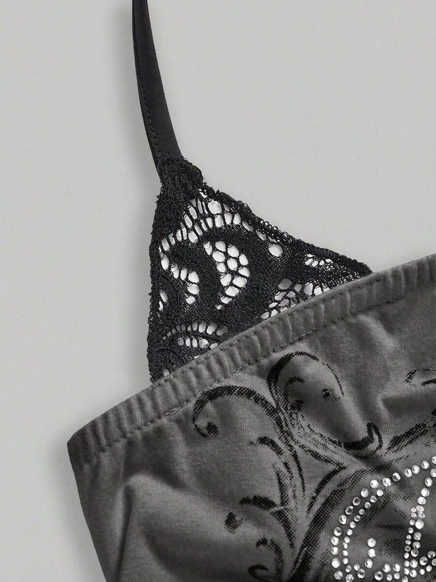 Women's cropped Y2K punk print halter cami top with contrast lace, backless knot detail, and slim fit knitted fabric