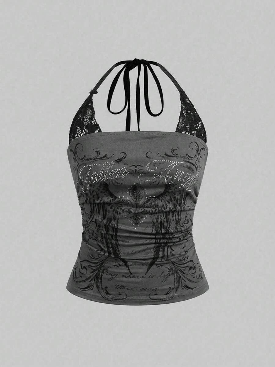 Women's cropped Y2K punk print halter cami top with contrast lace, backless knot detail, and slim fit knitted fabric