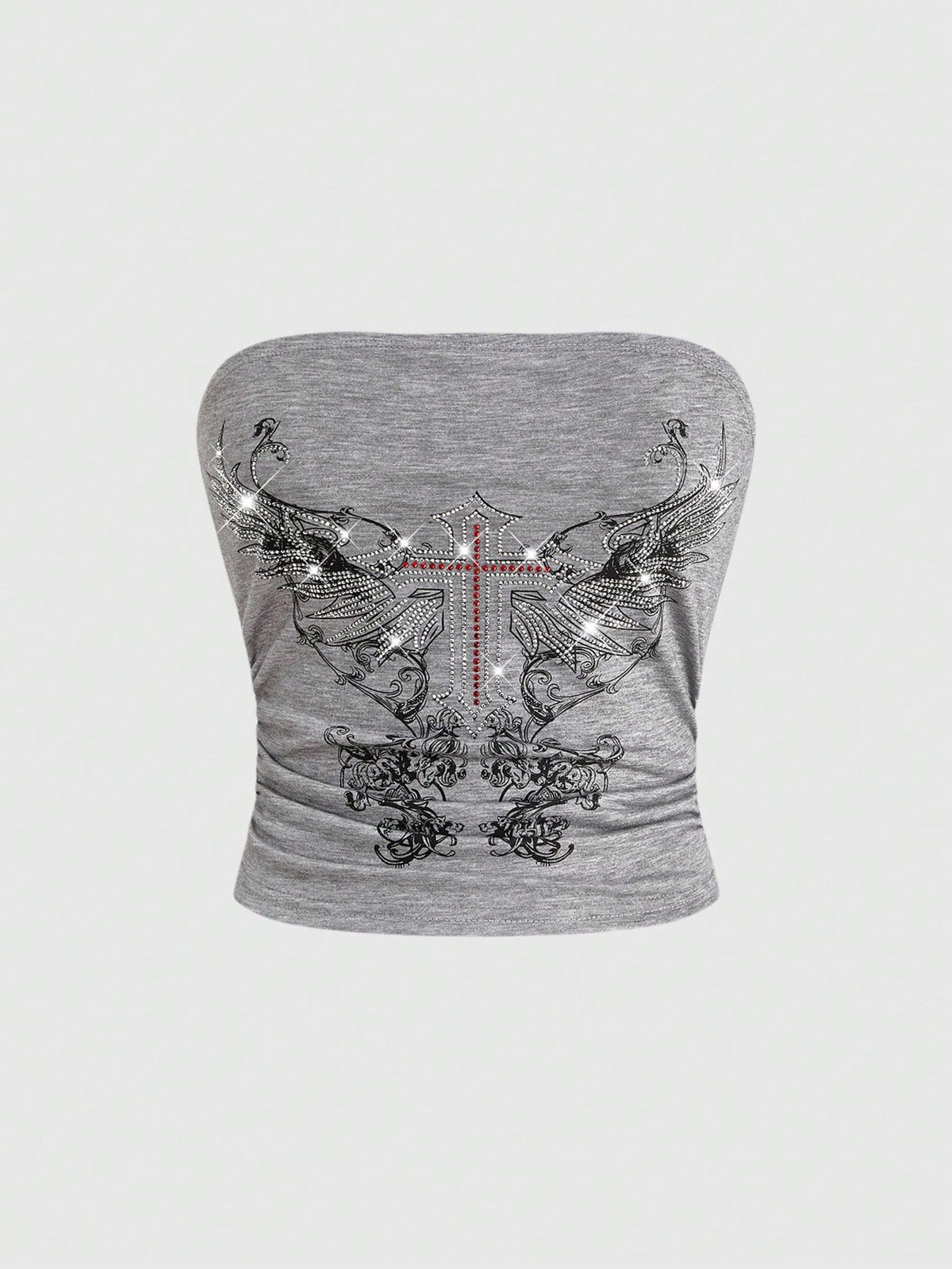 Women's strapless star-printed crop tube top with rhinestone and ruched details.