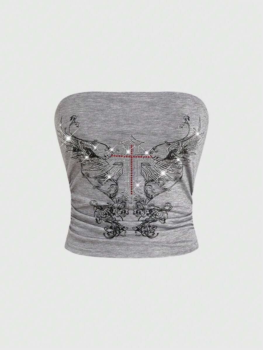 Women's strapless star-printed crop tube top with rhinestone and ruched details.