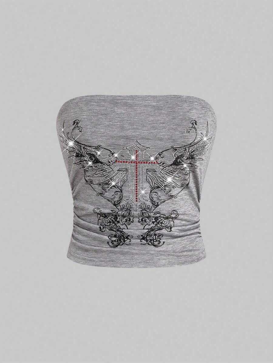 Women's strapless star-printed crop tube top with rhinestone and ruched details.