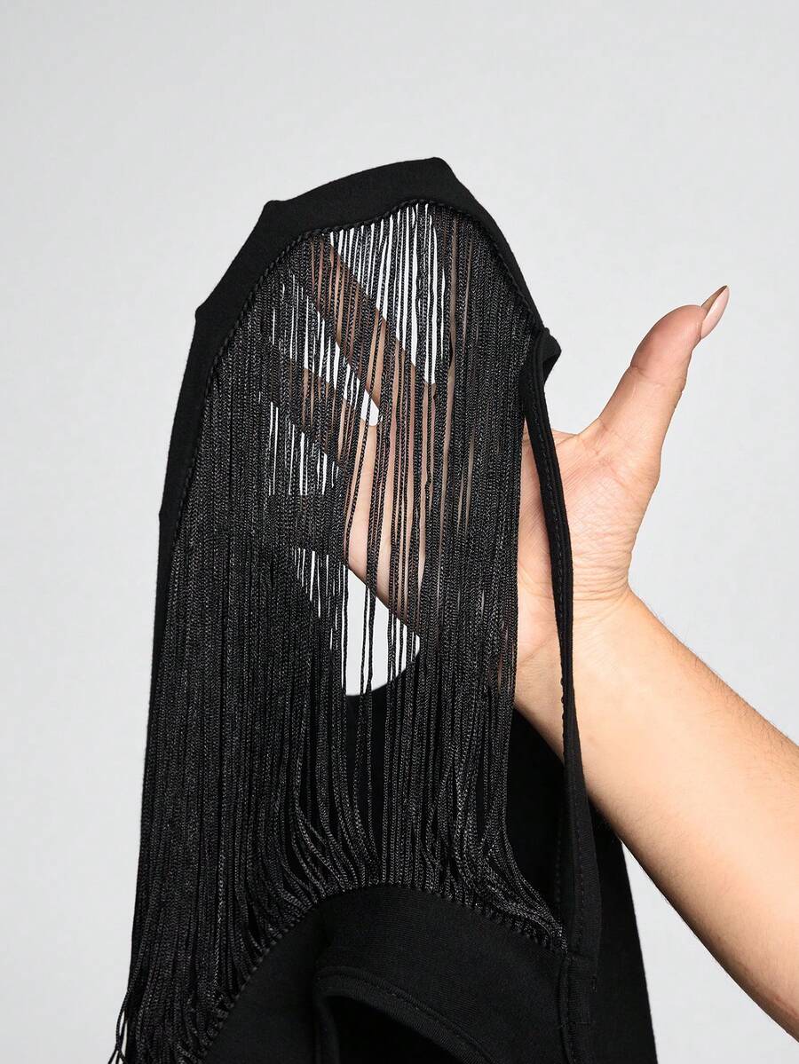 Front view of women's round neck slim fit cotton knit camisole featuring fringe ripped hollow-out detailing.