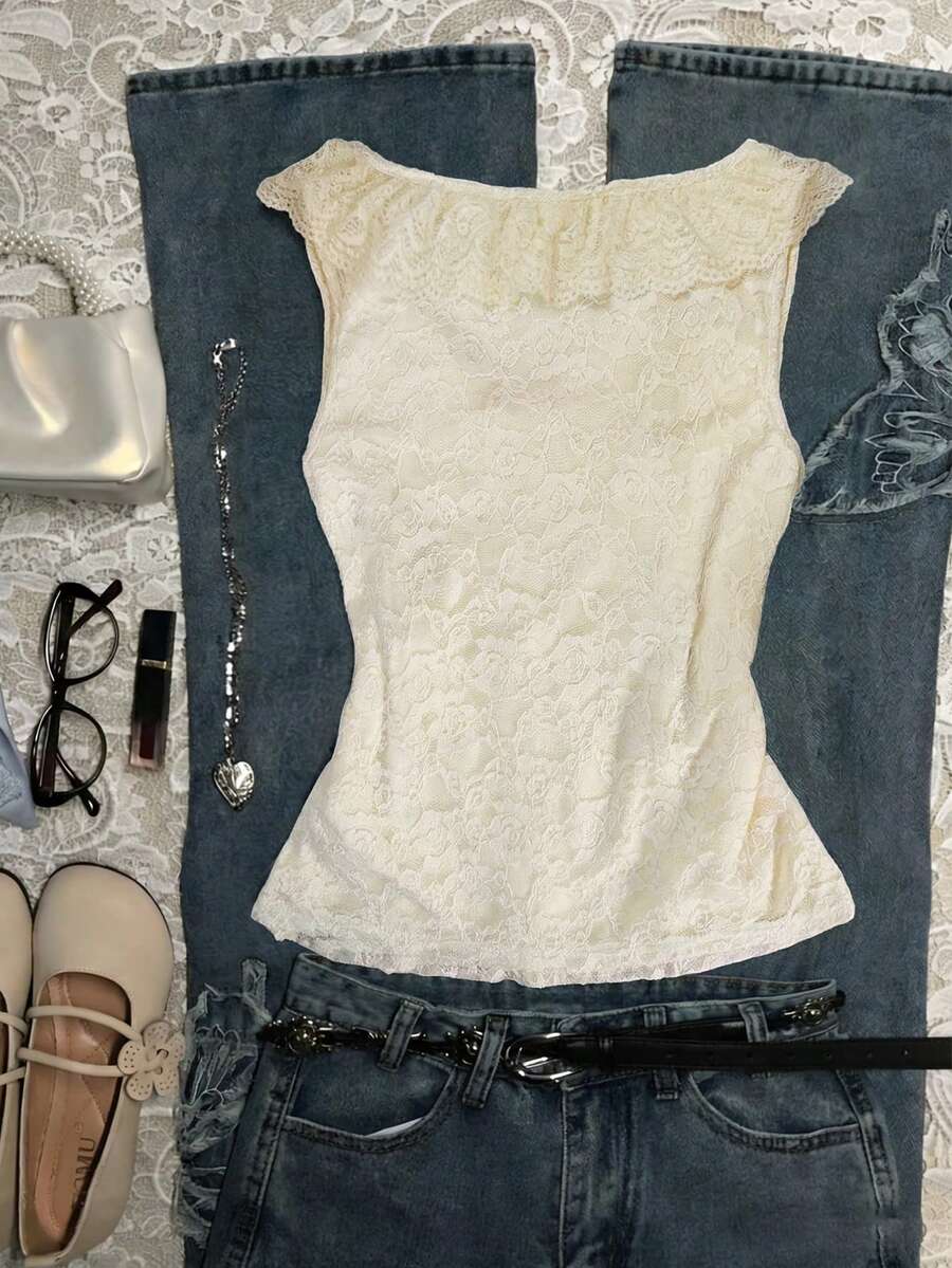 Franclia women's slim fit V-neck sleeveless tank top featuring lace patchwork detailing and a bow accent.