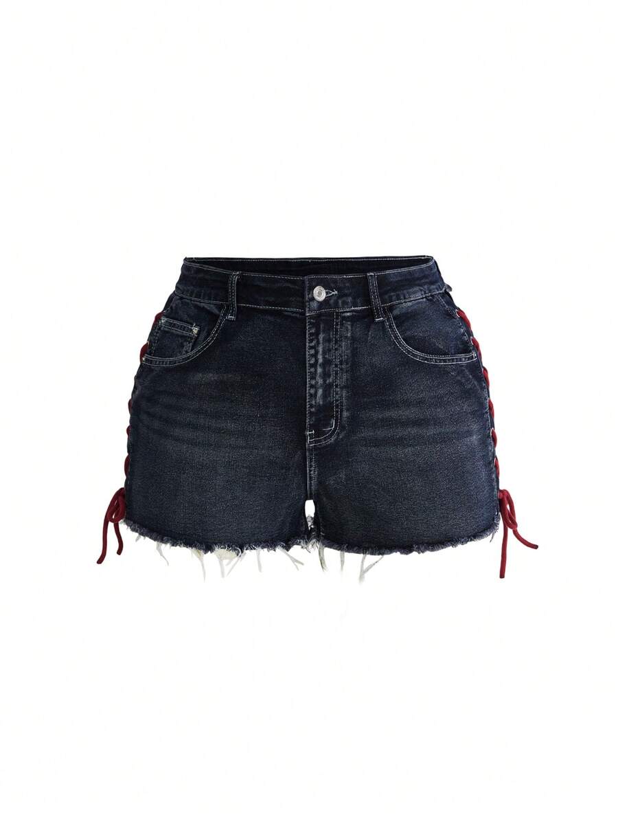 Plus size black gothic mini shorts with heart embroidery, graphic pocket pattern, lace-up detail, raw hem, and zipper fly