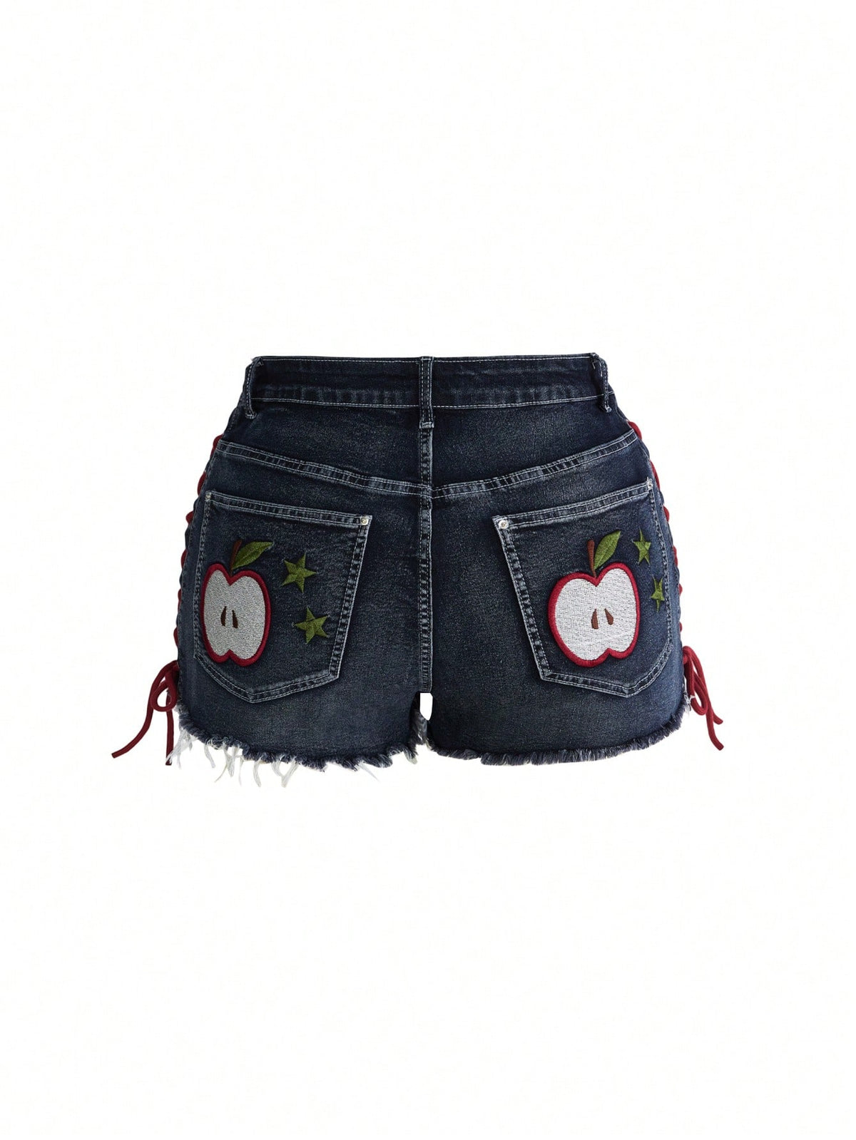 Plus size black gothic mini shorts with heart embroidery, graphic pocket pattern, lace-up detail, raw hem, and zipper fly