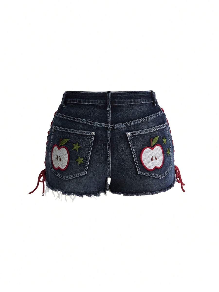 Plus size black gothic mini shorts with heart embroidery, graphic pocket pattern, lace-up detail, raw hem, and zipper fly
