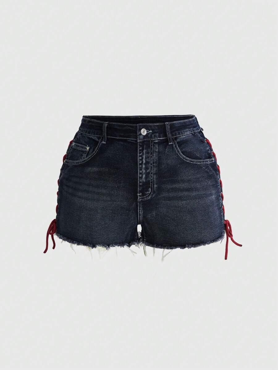 Plus size black gothic mini shorts with heart embroidery, graphic pocket pattern, lace-up detail, raw hem, and zipper fly