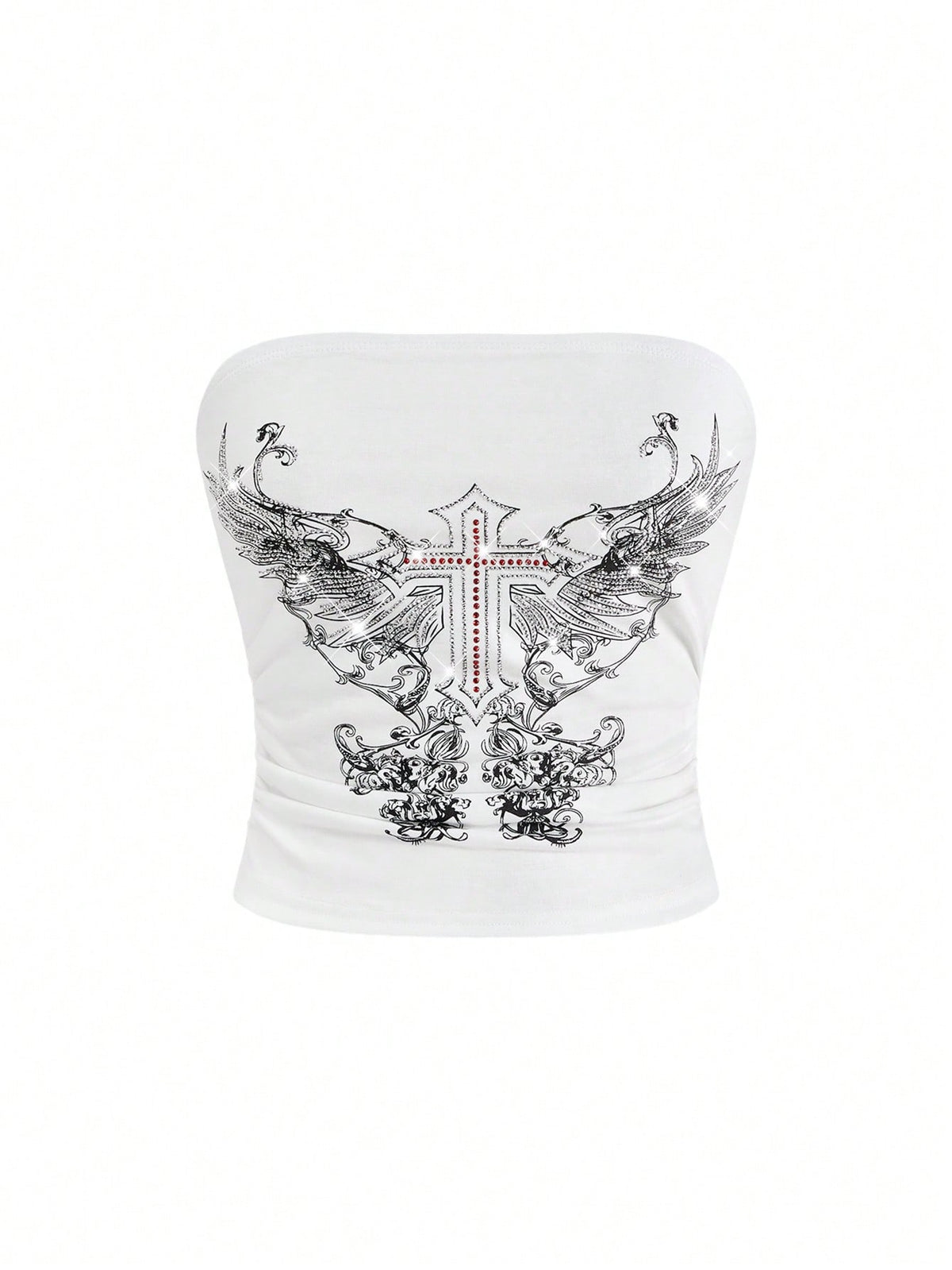 Women's strapless star-printed crop tube top with rhinestone and ruched details.