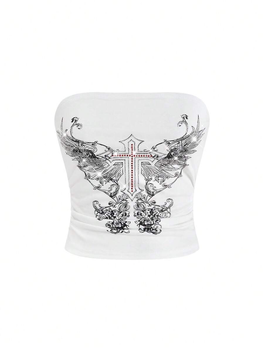Women's strapless star-printed crop tube top with rhinestone and ruched details.