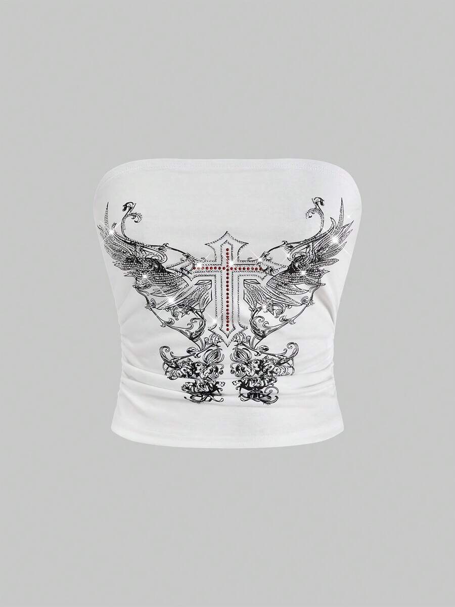 Women's strapless star-printed crop tube top with rhinestone and ruched details.