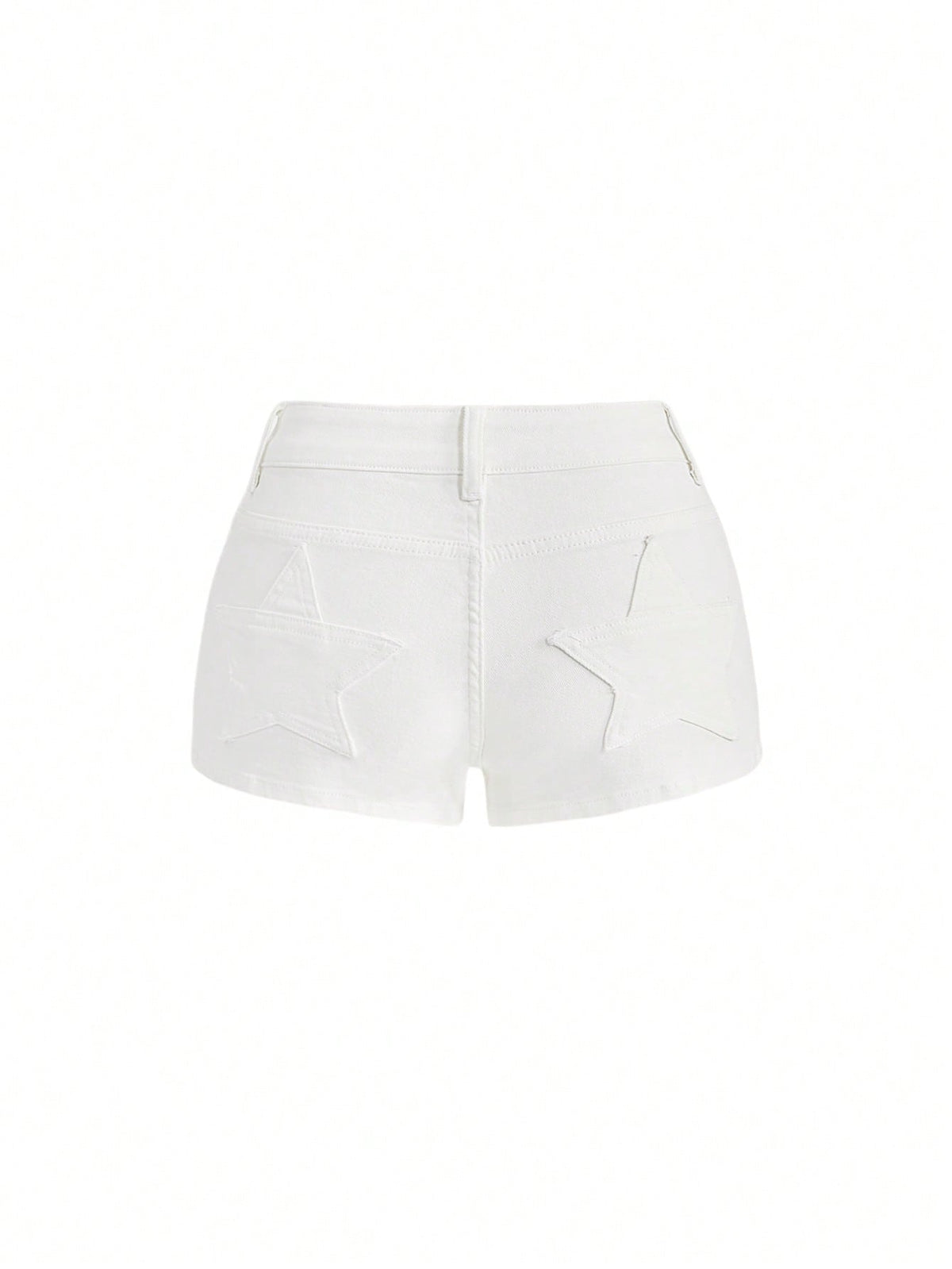 Women's ultra low waist mini shorts with back pockets, zipper fly, button detail, random print, and star patch in a grunge punk Y2K style.