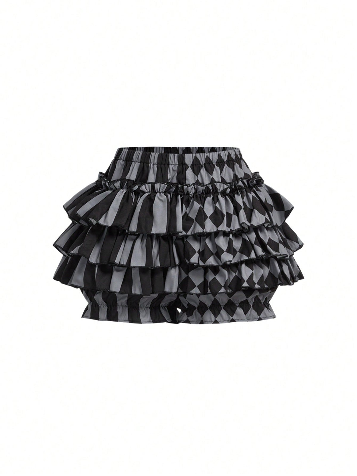Women's gothic patchwork pumpkin shorts with tiered ruffle hem and geometric striped plaid pattern.