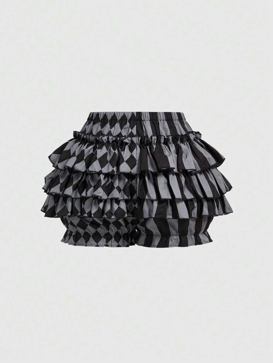 Women's gothic patchwork pumpkin shorts with tiered ruffle hem and geometric striped plaid pattern.