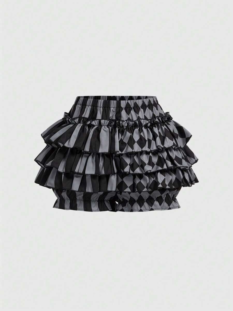Women's gothic patchwork pumpkin shorts with tiered ruffle hem and geometric striped plaid pattern.