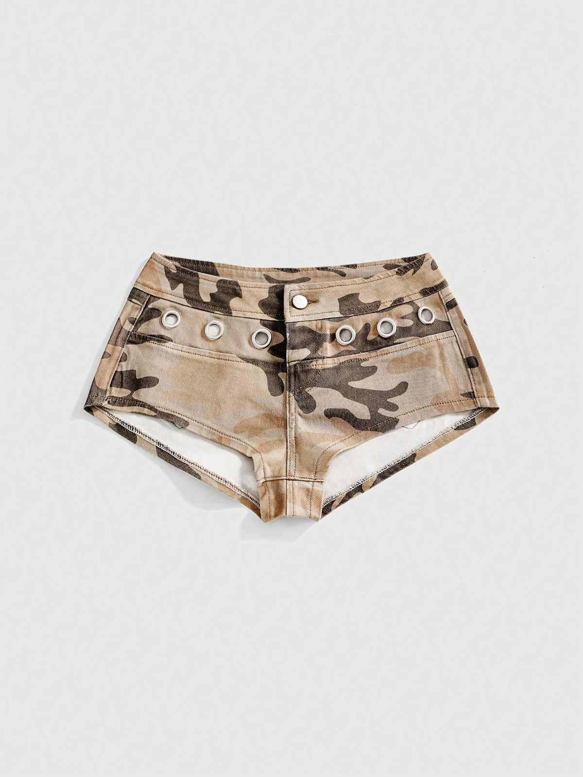 Women's ultra low waist camouflage mini skort shorts with zipper fly, button detail, and grommet eyelet accents.