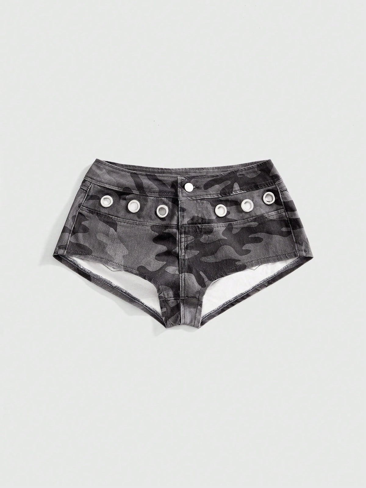 Women's ultra low waist camouflage mini skort shorts with zipper fly, button detail, and grommet eyelet accents.