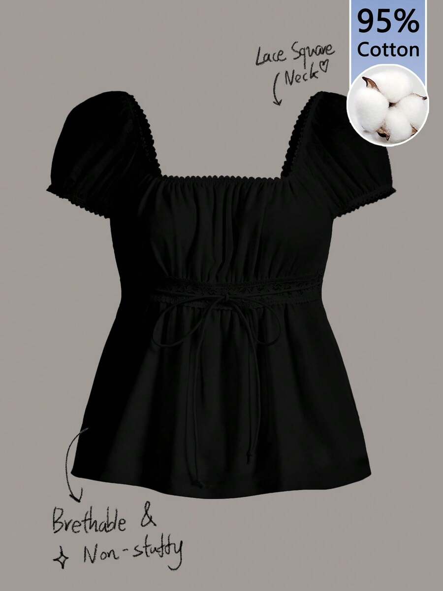 Women's black short puff sleeve top featuring a square neckline, ruched bust detail, and flared ruffle hem.