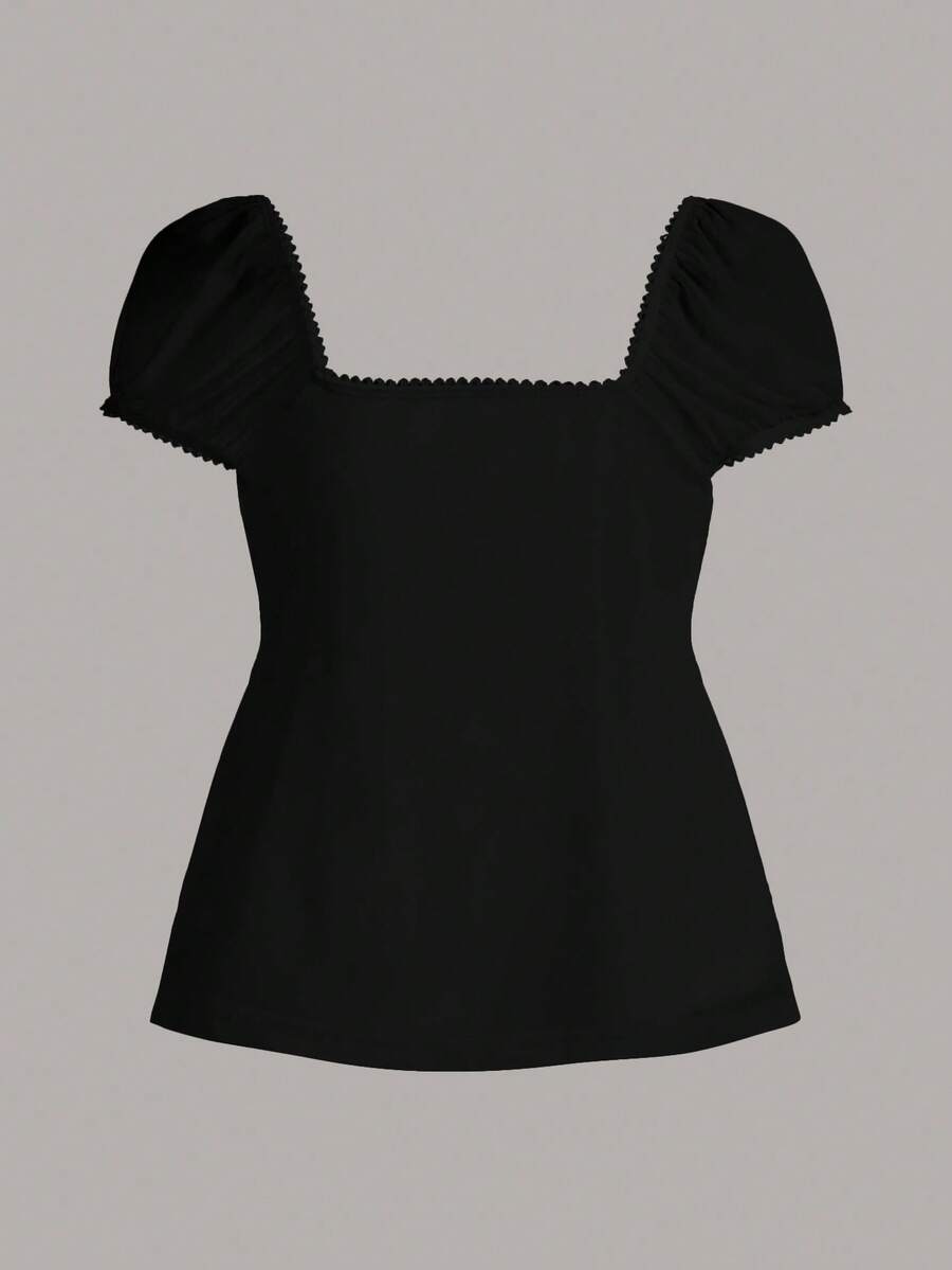Women's black short puff sleeve top featuring a square neckline, ruched bust detail, and flared ruffle hem.