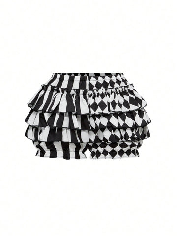 Women's gothic patchwork pumpkin shorts with tiered ruffle hem and geometric striped plaid pattern.