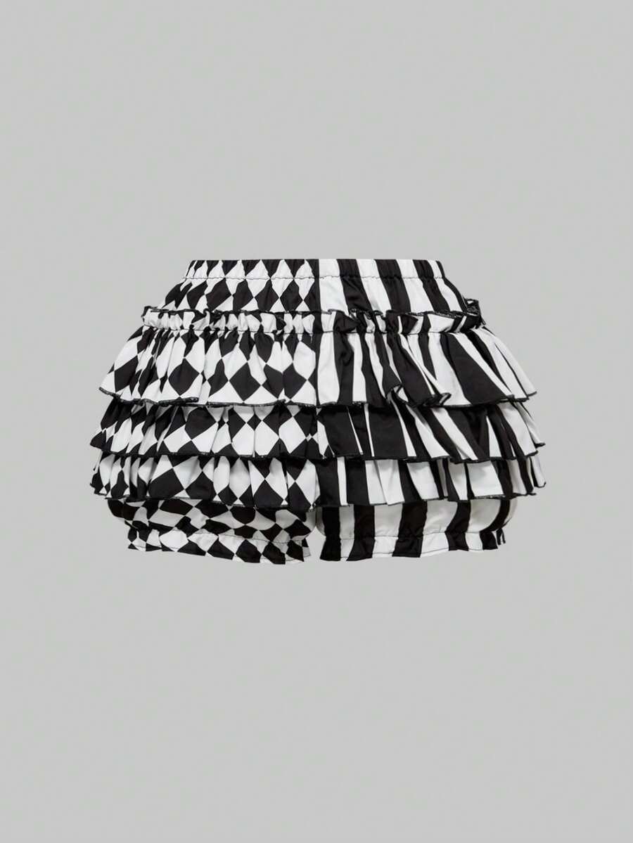 Women's gothic patchwork pumpkin shorts with tiered ruffle hem and geometric striped plaid pattern.