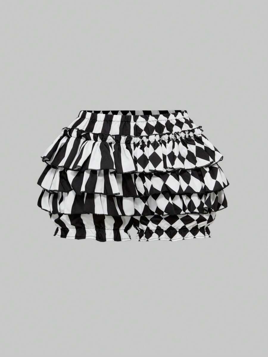 Women's gothic patchwork pumpkin shorts with tiered ruffle hem and geometric striped plaid pattern.