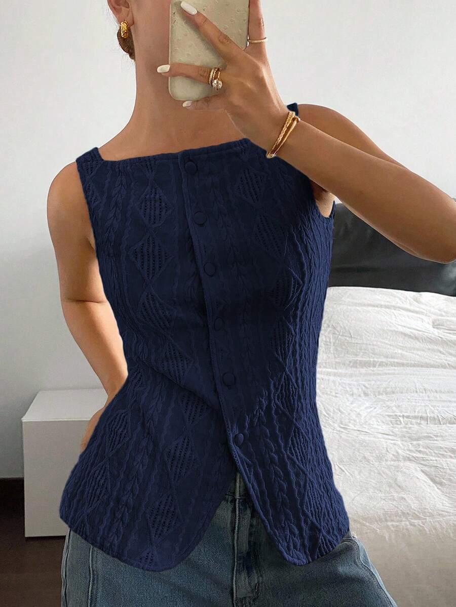 Striped ribbed knit tank top for women featuring a button-down front, sleeveless design, and slim fit silhouette.