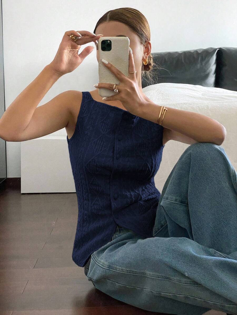 Striped ribbed knit tank top for women featuring a button-down front, sleeveless design, and slim fit silhouette.