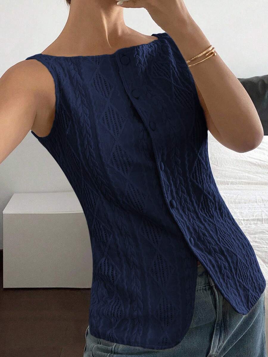 Striped ribbed knit tank top for women featuring a button-down front, sleeveless design, and slim fit silhouette.