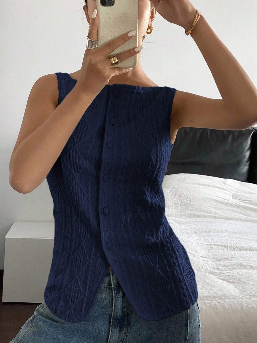 Striped ribbed knit tank top for women featuring a button-down front, sleeveless design, and slim fit silhouette.