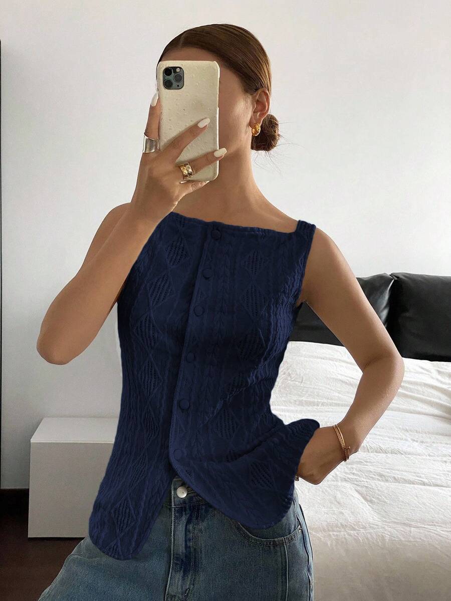 Striped ribbed knit tank top for women featuring a button-down front, sleeveless design, and slim fit silhouette.