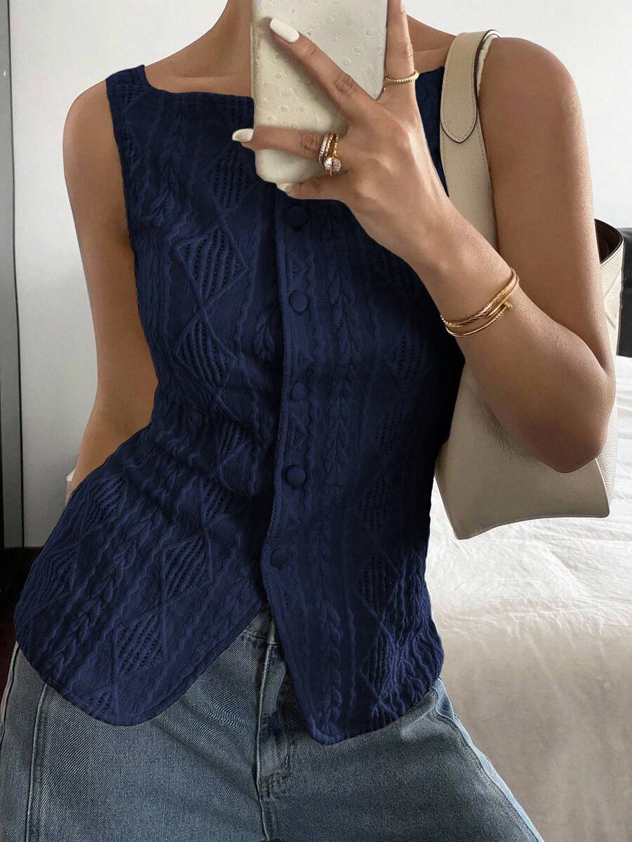 Striped ribbed knit tank top for women featuring a button-down front, sleeveless design, and slim fit silhouette.