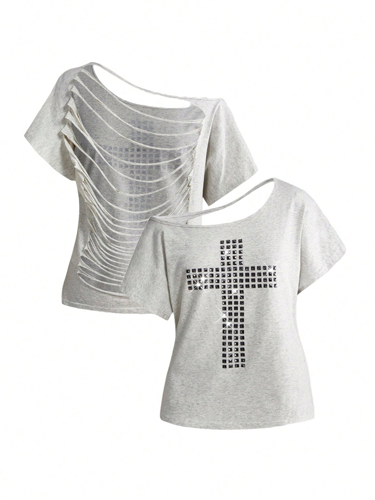 Women's grunge punk style short sleeve t-shirt featuring an asymmetrical neckline, hollow-out cut detail, and relaxed batwing sleeves in a soft cotton stretch fabric.