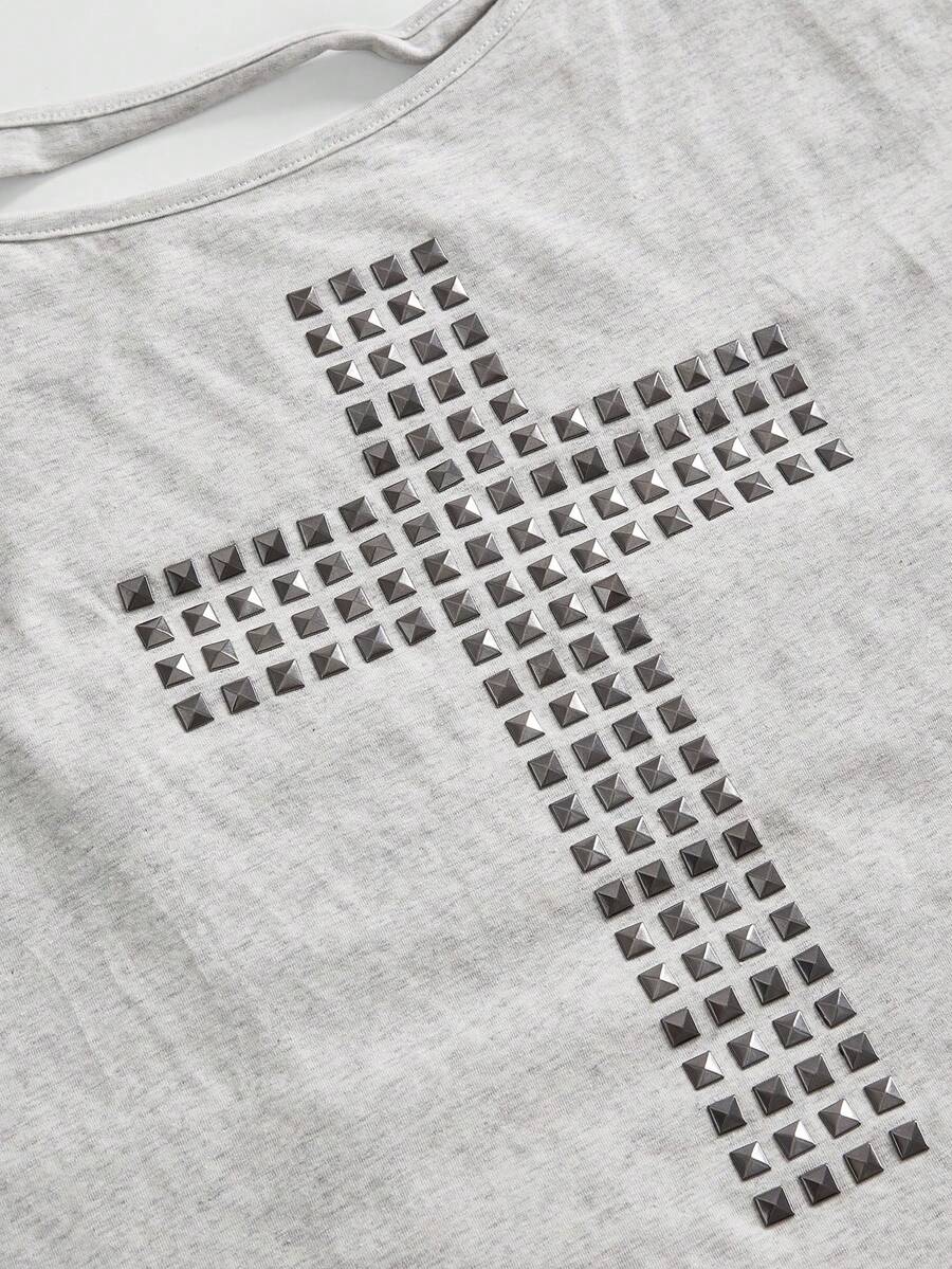 Women's grunge punk style short sleeve t-shirt featuring an asymmetrical neckline, hollow-out cut detail, and relaxed batwing sleeves in a soft cotton stretch fabric.