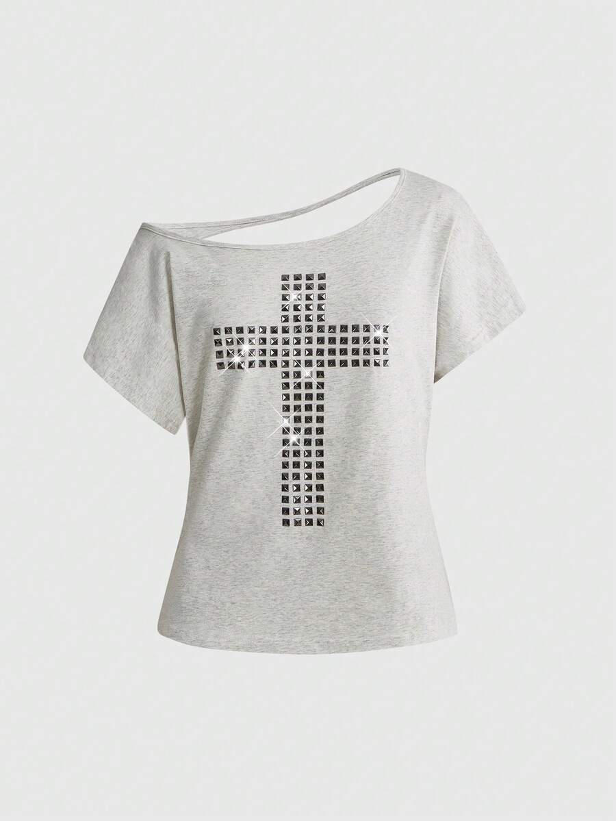 Women's grunge punk style short sleeve t-shirt featuring an asymmetrical neckline, hollow-out cut detail, and relaxed batwing sleeves in a soft cotton stretch fabric.