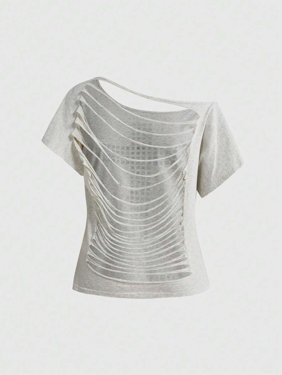 Women's grunge punk style short sleeve t-shirt featuring an asymmetrical neckline, hollow-out cut detail, and relaxed batwing sleeves in a soft cotton stretch fabric.