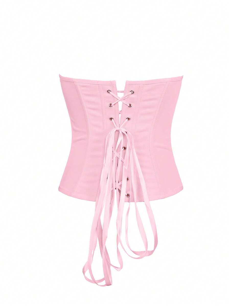 Solid color strapless corset tube top featuring a backless lace-up back design and cropped slim fit.