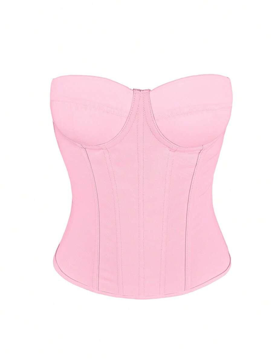 Solid color strapless corset tube top featuring a backless lace-up back design and cropped slim fit.
